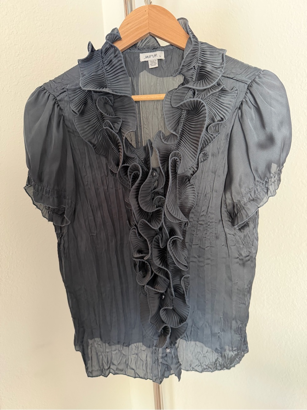 Jaipur Slate Gray Ruffle Pintuck Short Sleeve Blouse